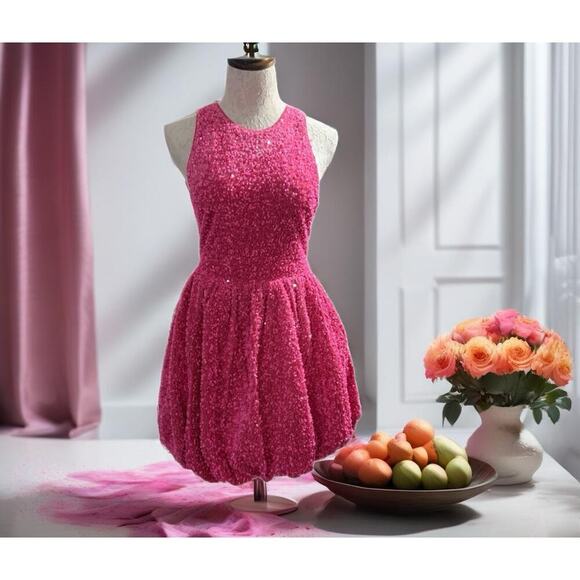 ASOS LUXE bubble hem mini dress in pink sequin Size 8 NWOT BARBIE Softgirl - Picture 15 of 15